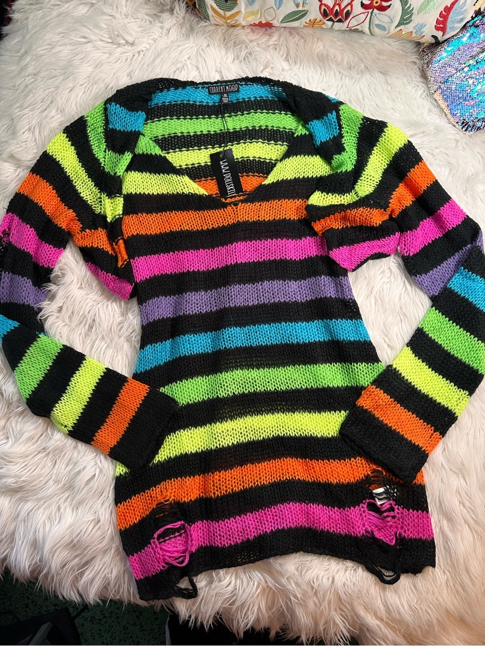 Dolls Kill • Current Mood Tough Tendencies Neon Rainbow Stripe Dress & Shrug Set - Picture 4 of 16